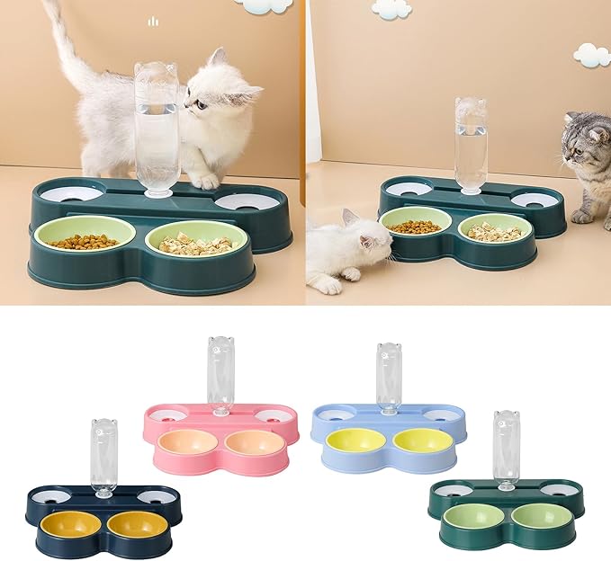 Dogs Bowl Automatic Cats Food Bowl 4 in 1 Pet Food Feeders with Automatic Water Bottle Bowl Double Bowl Pet Food and Water Dispenser Set, dark green
