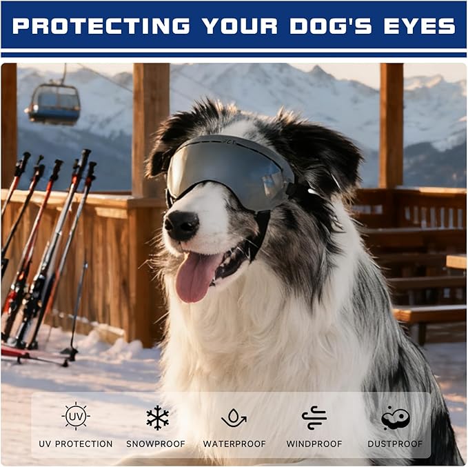 Dog Goggles UV400 Protection,Ski Goggles for Large Breeds with Adjustable Strap, Dog Sunglasses with Comfort-Focused Frameless Design - UV-Resistant/Windproof/Snowproof for Running,Cycling (Sliver)