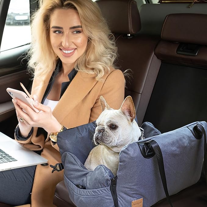 Pet Car Booster Seat, Portable Dog Car Travel Carrier Bed, Waterproof Dog Booster Seat for Car with Storage Pockets, Washable Small Dog Car Seat(Grey)