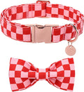Red and Pink Plaid Dog Collarwith Bow Tie– Adjustable Red & Pink Checkered Dog Collar for Small Medium Large Dogs, Soft Xmas Plaid Puppy Collars with Quick Release Buckle L