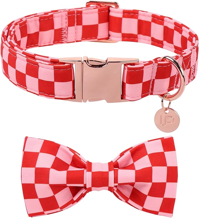 Red and Pink Plaid Dog Collarwith Bow Tie– Adjustable Red & Pink Checkered Dog Collar for Small Medium Large Dogs, Soft Xmas Plaid Puppy Collars with Quick Release Buckle L
