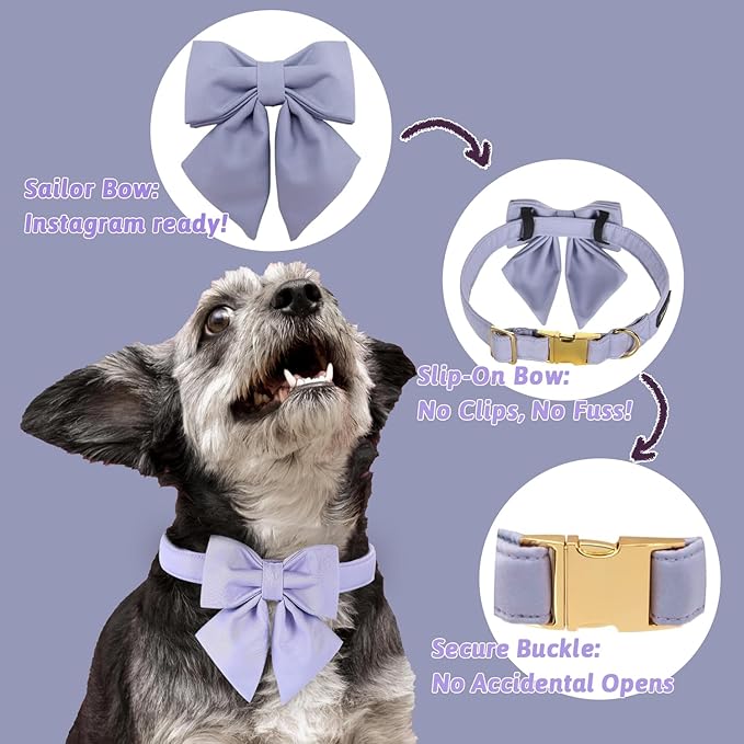 Maca Bates Violet Dog Collar with Cute Lavender Solid Sailor Bow Tie,Large Girl Boy Dogs,Girly Adjustbale Durable Breakaway Soft Collars with Bowtie for Female Male Puppy,Pet with Metal Buckle