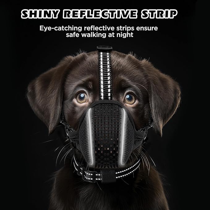 Dog Muzzle,Soft Nylon Muzzles Anti Biting Barking Chewing,Breathable Reflective Adjustable Loop Pets for Small Medium Large Sized Dogs,Allows Panting and Drinking(Black L)
