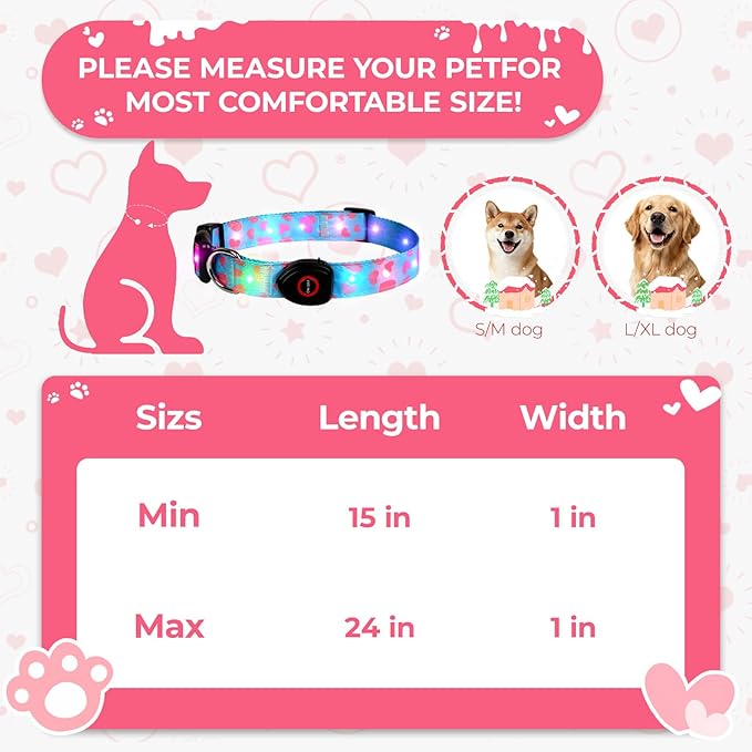 Light Up Dog Collar, LED Dog Collar Glow in The Dark - USBC Rechargeable, 3 Flashing Modes Adjustable Glow Collar, Safety Fashionable Cute Dog Light Up Collars for Medium Large Dogs-Pink Heart Shape