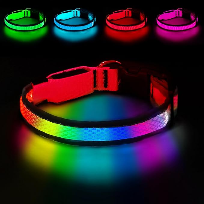 LED Dog Collar, Light Up Dog Collar USB Rechargeable, Nylon Adjustable Comfortable Soft Bright RGB 7 Colors Changeing Safety Light Glowing Collar for Medium and Large Dogs(Large,Red)
