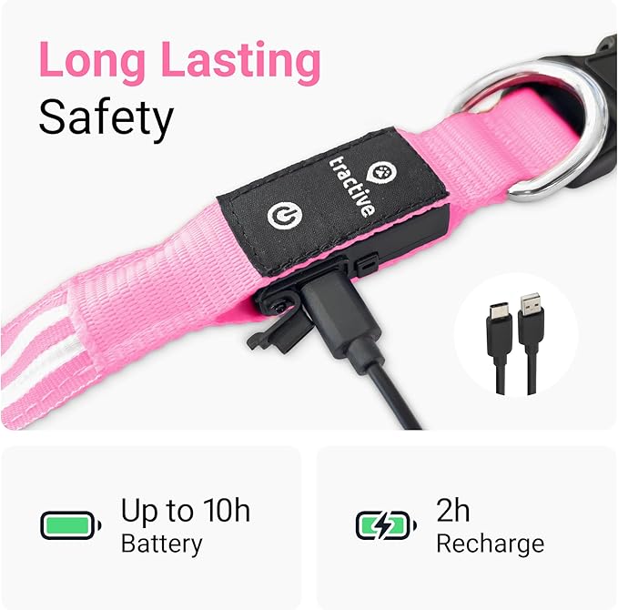 Tractive LED Light Up Dog Collar USB Rechargeable Waterproof (Pink)