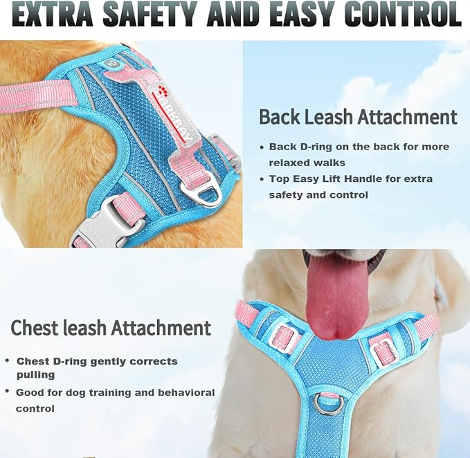 BARKBAY No Pull Dog Harness Large Reflective Dog Harness with Front Clip and Easy Control Handle for Walking Training Running with ID tag Pocket(Baby Blue & Baby Pink,XL)