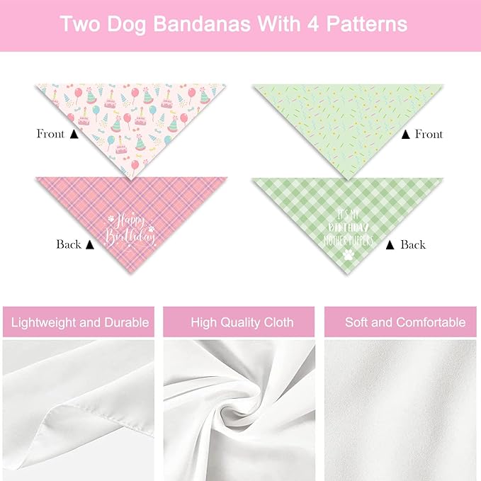Birthday Dog Bandanas, Double Side All 4 Patterns Reversible Large Pet Bandanas 2 Pack, Celebration Set, Plaid Adjustable Triangle Holiday Pink Green Scarves for Dogs Girl Boy Pets