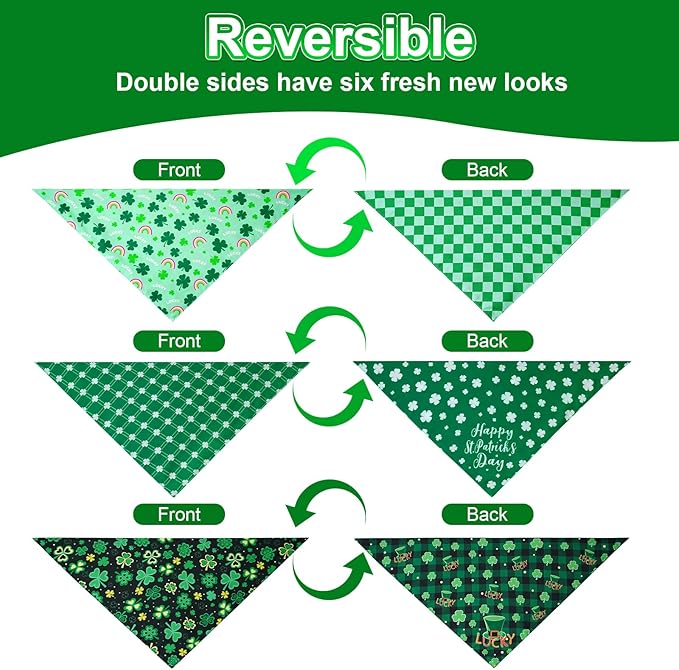 St. Patrick's Day Dog Bandanas Large 3PCS, 6 Pattern Green Scarf for Boy and Girl, Triangle Reversible Bibs Breed for Puppy Pets