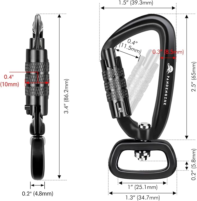 Locking Carabiner Clip 2.5" with Swivel Ring for Securing Pets, Dog Leash Harness, Camping, Hiking, Keychains