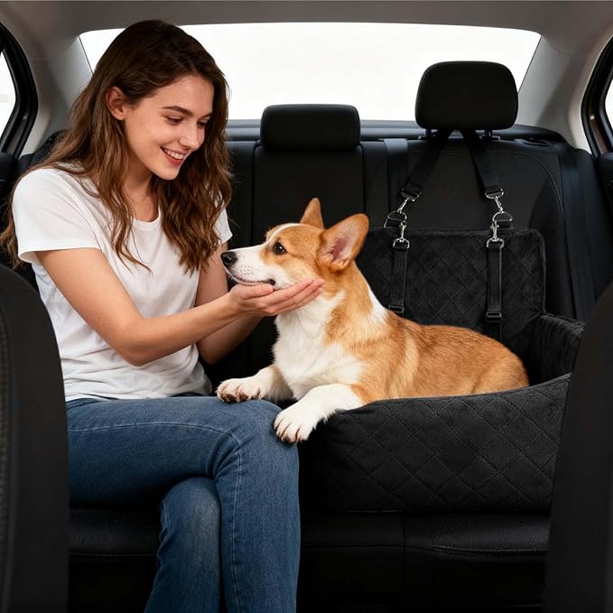 Dog Car Seats for Small Dogs, Memory Foam Dog Car Seat Medium Sized Dogs, Pet Cars Seats for Under 35lbs, Detachable Washable Pet Bag with Storage Pockets & 2 Safety Belts, Easy to Install (Black)