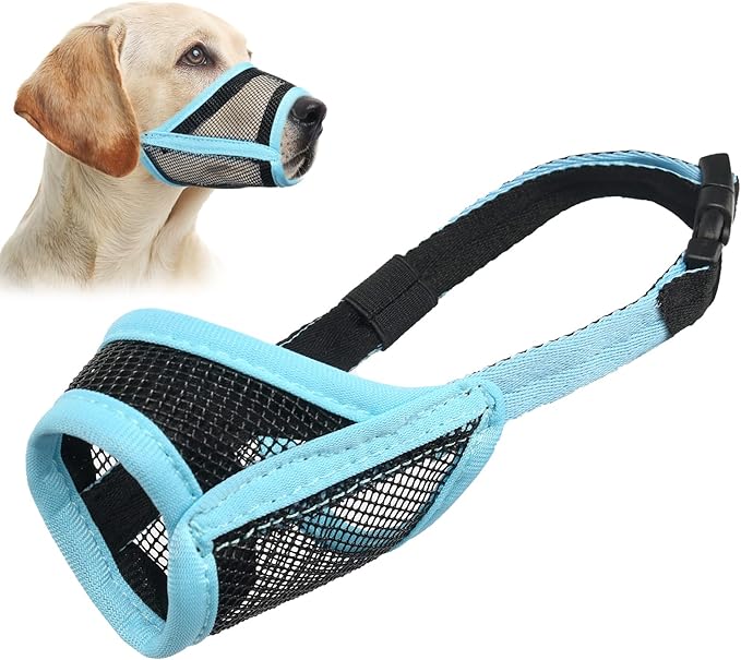 LUCKYPAW Dog Muzzle, Mesh Muzzle for Small Medium Dogs, Soft Mouth Cover to Prevent Biting Chewing, Drinkable Breathable Adjustable Puppy Mouth Guard(M, Baby Blue)