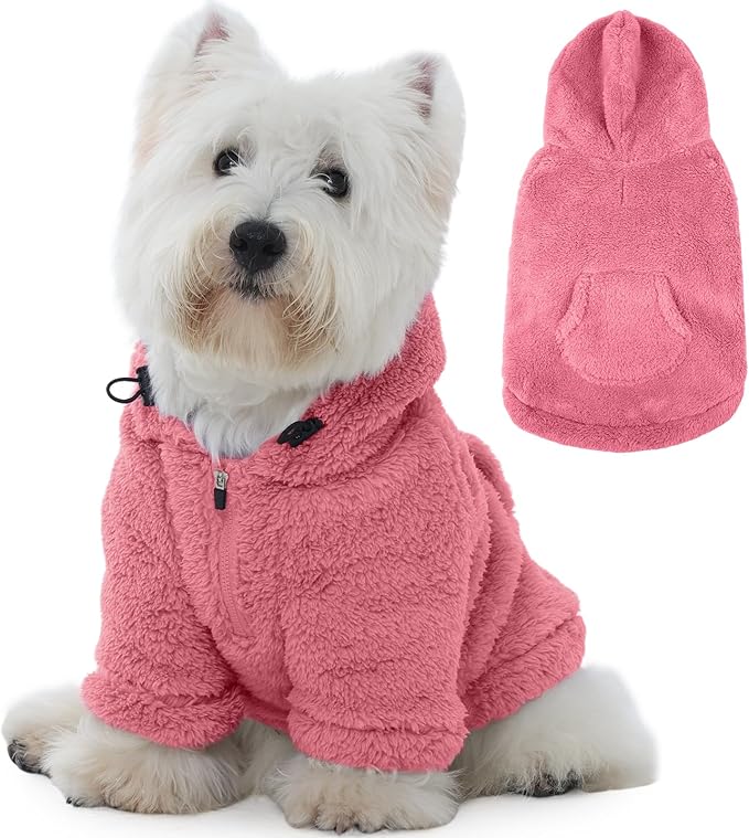 IDOMIK Fuzzy Dog Sweater with Adjustable Hood, Warm Fleece Dog Sweater Hoodie with Harness Hole & Pocket, Pullover Sweaters for Small Dogs, Fuzzy Hooded Sweatshirt for Fall Winter Christmas,Pink,XS