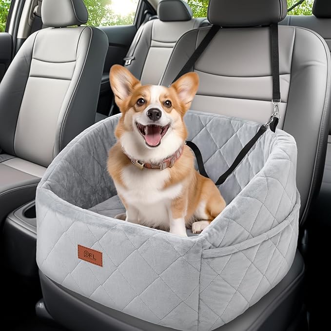 PICK FOR LIFE Dog Booster Car Seat for Small Medium Dogs - Memory Foam Elevated Pet Seat with Storage Pockets, Clip-On Leash - Washable Travel Seat for Dogs up to 35 lbs