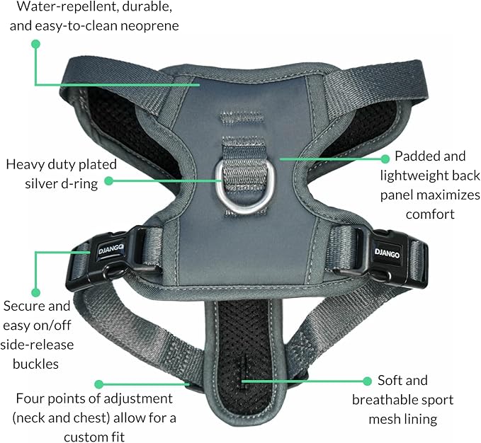 DJANGO Tahoe No Pull Dog Harness – Escape-Proof Dog Harness for Small Dogs with Front & Back Clips for Everyday Use – Adjustable, Padded, Reflective, Secure Fit, Easy On/Off – Poppy Seed Gray, Small