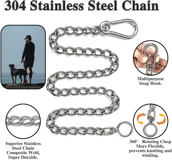 Dog Chain Leash, 304 Stainless Steel Short Lead Metal Heavy Duty Chain DIY Double Dog Leashes Self-Assembly Leashes Extension&Coupler. (304 S/S 32in x 4mm)
