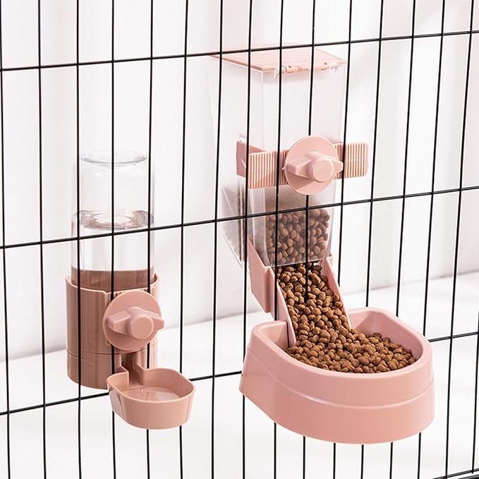 Happyyami 1set Automatic Pet Feeder Water Dispenser for Cats and Dogs Cage Wire Hanging Design Material for Animals Practical Food Water Station