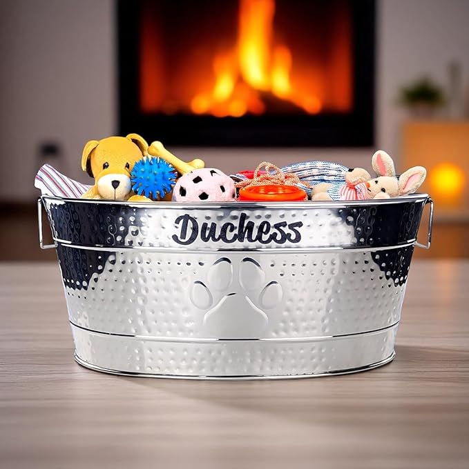BREKX Personalized Metal Dog Toy Box - StainIess SteeI Storage Bin with Handles, Basket for Pet Toys, Dog Toy Box, Pet Storage - Custom Dog Name Gift