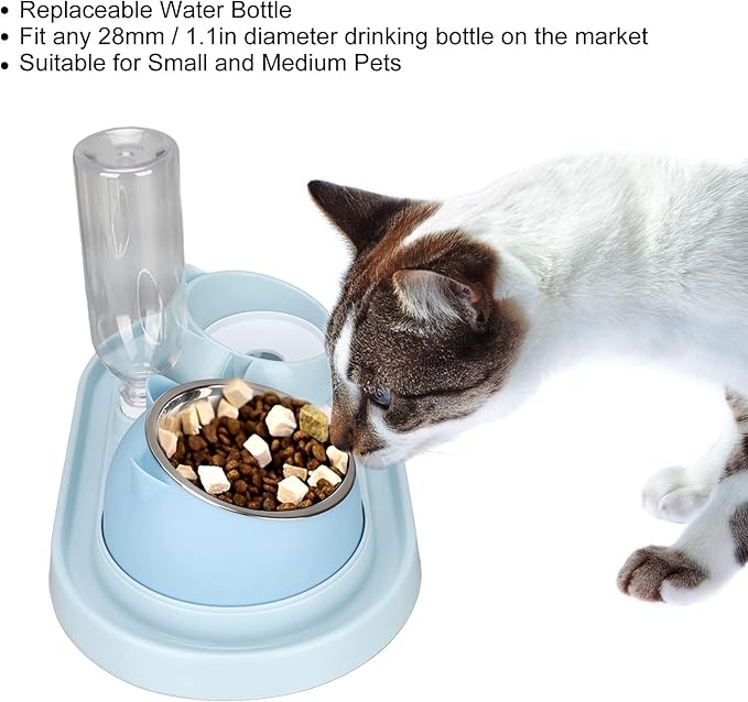 Double Dog Cat Bowls, Raised Pets Food and Water Bowl Set with Automatic Water Dispenser Bottle, Detachable Stainless Steel Bowl Pet Feeder for Small Medium Dogs and Cats Puppy