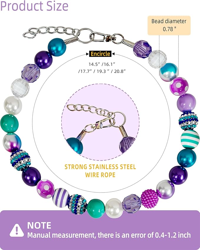 KUDES Bubblegum Dog Collar Necklace- Mermaid-Inspired 20mm Chunky Beads | Adjustable Rhinestone Pearl Collar for Medium & Large Dogs | Glamorous Party Daily Wear Accessory