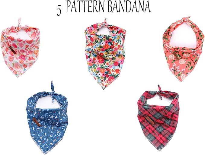 Elegant Little Tail Floral Dog Bandana 1PCS Washable Reversible Cotton Bibs Scarf, Adjustable Square Kerchief for Small to Large Dogs and Cats