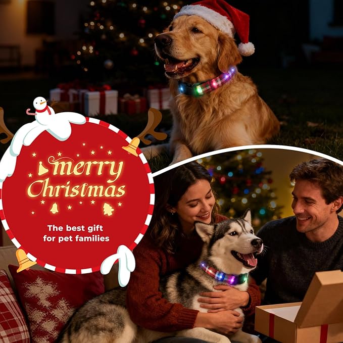 Christmas Light Up Dog Collar, LED Dog Collar Glow in The Dark - USBC Rechargeable, Adorable Plaid Pattern Christmas Collar for Medium to Large Dogs - Comfortable & Cute Xmas Dog Collars, Plaid L