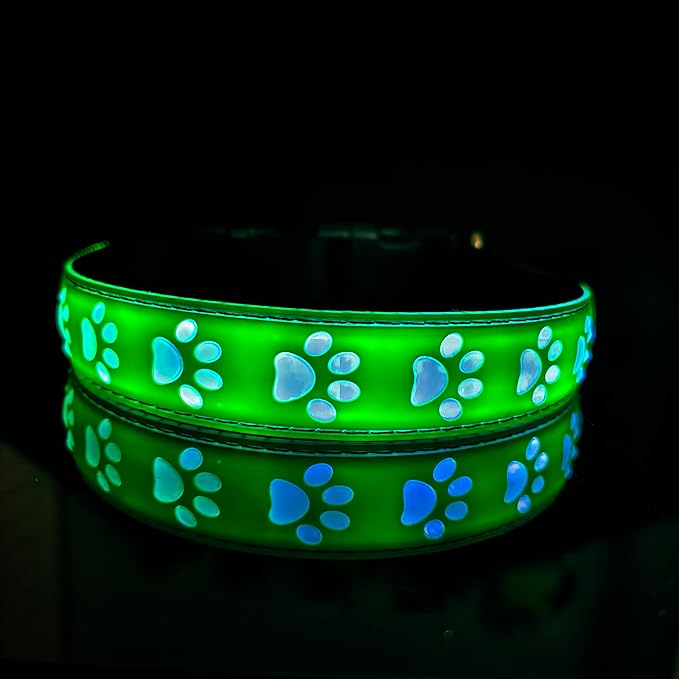 Subversive USB-C led Light up Dog Collar, Subversive 3D Cross Design Comfortable and Soft Material,Multicolored Lighting (PAW-Green, M(15.7-19.7"))