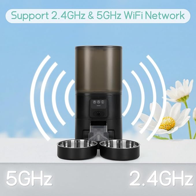 Automatic Cat Feeder with Camera, 7 Litre Dual Bowl Automatic Dog Feeder with HD Video and Night Vision, 2.4G WiFi ，SD Card Storage and Two-Way Audio