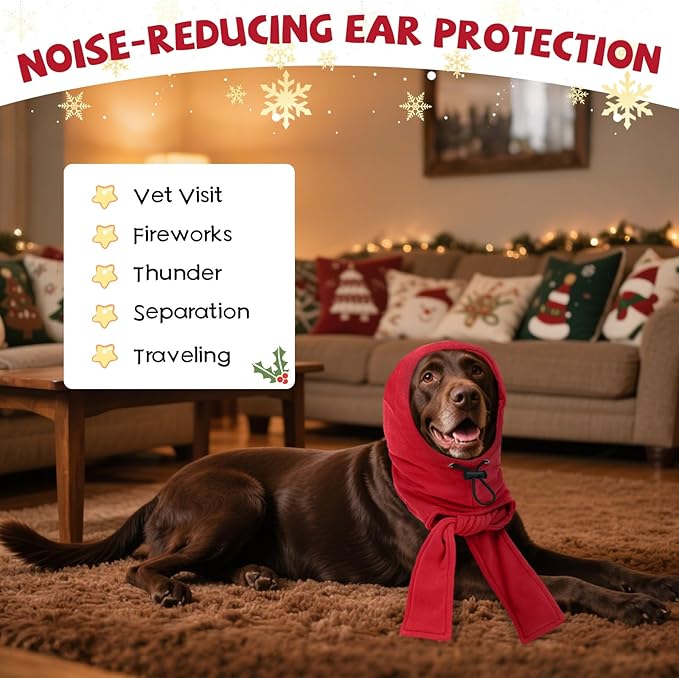 DENTRUN Dog Hood with Scarf - Warm Fleece Ear Cover for Medium Dogs, Adjustable Christmas Outfit with Pom Pom, Red (M:10-13" Head Girth)