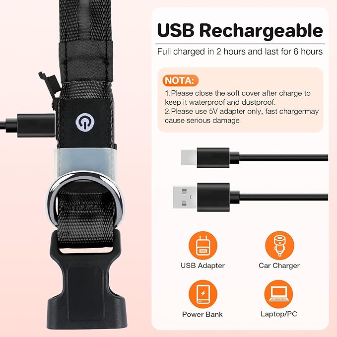 Light Up Dog Collar, USB Rechargeable 6 Modes, Waterproof Charging Port, Long Lasting LED Collar - Adjustable Nylon Reflective for Dogs, Sizes S/M/L (7/9/11 Lights) - 5 Colors (Black, L)