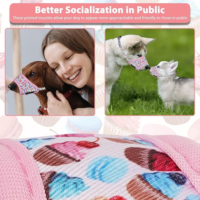 LUCKYPAW Dog Muzzle Anti Biting Barking and Chewing with Comfortable Mesh Soft Fabric and Adjustable Strap, Suitable for Small, Medium and Large Dogs(Pink Cake,L)