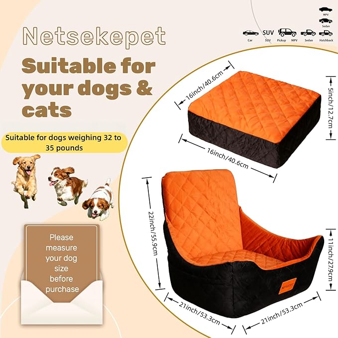 Dog Booster Car Seat for Medium Dogs up to 40lbs, Easy to Install, Fully Detachable and Washable, Anti-Slip Base, Snug Puppy Car Seat with 2 Clip-on Leashes, Black/Coffee, Medium