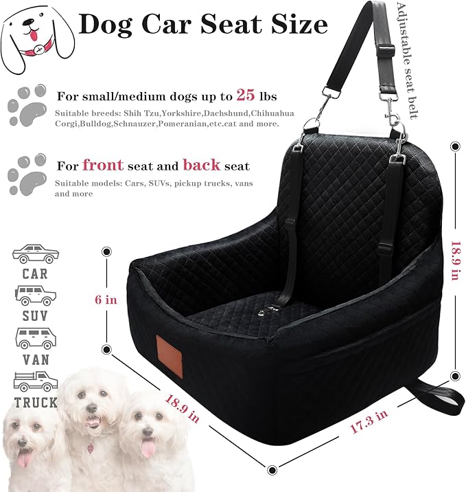 Dog Car Seat for Small/Medium-Sized Under 30 Pounds, Pet Car Seat Travel Bed with 2 Seat Belts and Headrest Seat Belts, Detachable Washable Covers and Side Storage Bags(Black)