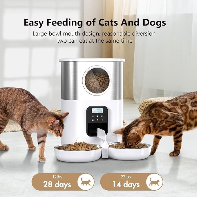 Pet Feeder 5l Stainless Steel Feeder O Window Double Outlet Automatic Feeder Pet Dry Food Dispenser Suitable Compatible with Cats and Dogs Pets Supplies(White)