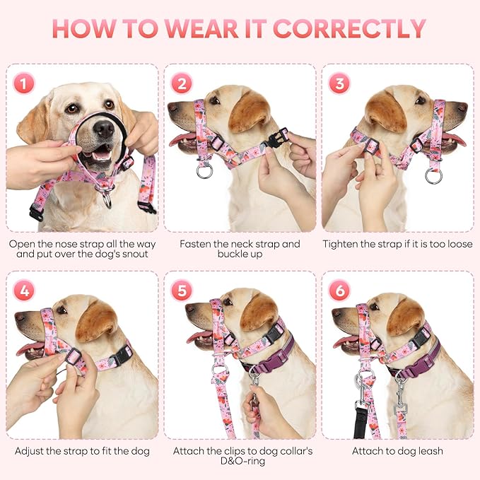 Dog Head Collar, Printed No-Pull Headcollar, Adjustable Dog Head Halter Gentle Lead with Safety Link, 3 Colors Muzzle Leash for Small Medium Large X-Large Dogs Easy Walks (Small, Mimosa)