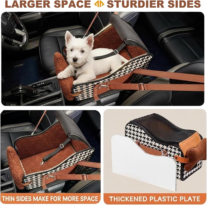 Center Console Dog Car Seat,Pet Puppy Car Seat,Middle Console Dog Armrest Booster Seat for Small Dogs;Cats (Orange Houndstooth)