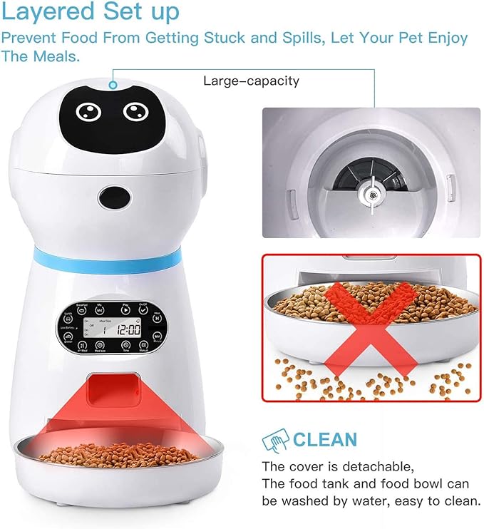 Automatic Cat Food Dispenser with Stainless Steel Food Bowl,Pet Feeder 1-4 Meals Per Day Timer Programmable Voice Recorder and Portion Control 3.5L Capacity for Cats and Dogs