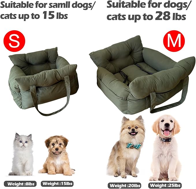 Medium Dog Car Seat Up to 28lbs - Pet Travel Bed Booster with Storage, Safety Tether, Anti-Slip Bottom for Cars(Green)