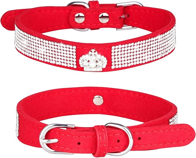 Haoyueer Rhinestone Dog Collar, Cute Dazzling Sparkling Soft Suede Leather Dog Cat Rhinestone Collar Crystal Diamond Pet Dog Puppy Collar (XS, Red-4)