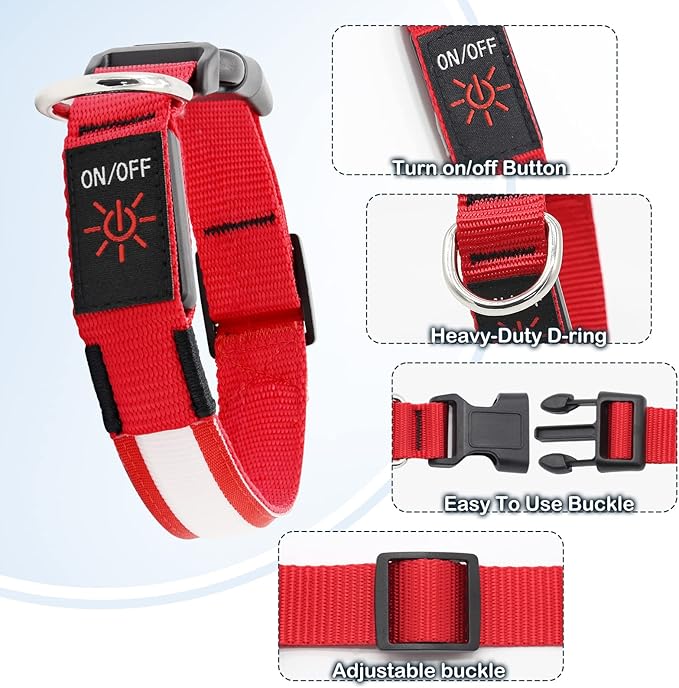 Weesiber USB Rechargeable LED Dog Collar - Waterproof, Adjustable Size with Multiple Flash Modes - Small, Red