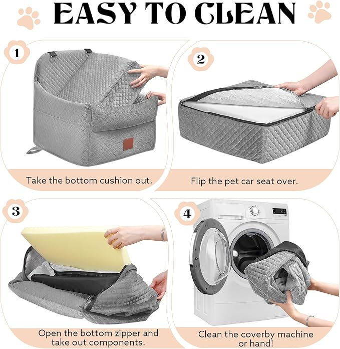 Dog Car Seat for Small/Medium Dogs Under 35lbs, Memory Foam Dog Booster Seats with Washable Removable Cover, Portable Travel-Safe Bed with 2 Safety Belts and Storage Pockets (Grey, Medium)