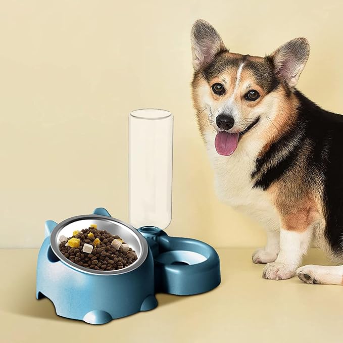 Cat Food and Water Bowl Set, Automatic Dog Dish Bowl with Water Dispenser, Removable Drinking and Eating Bowls, No-Spill Pet Feeder for Puppy, Medium Dogs & Cats (Blue)