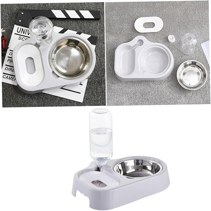 Pet Double Bowl for Cats and Dogs Automatic Water Feeder and Food Dish Grey Non-Skid Design Easy Feeding and Hydration