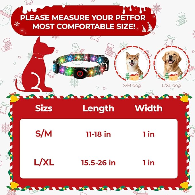 Christmas Light Up Dog Collar, LED Dog Collar Glow in The Dark - USBC Rechargeable, 3 Flashing Modes, Fashionable Cute Glowing Dog Light Up Collars for Medium Large Dogs, Stocking M
