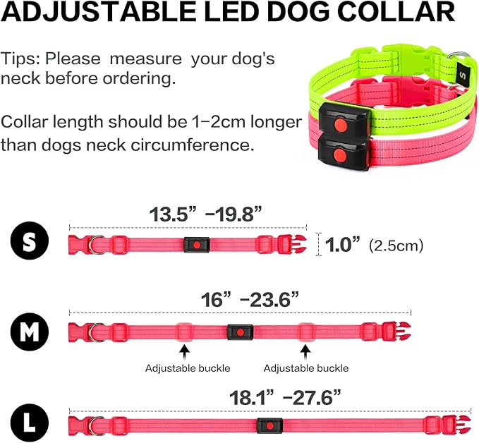 Light Up Dog Collar for Night Walking Flashing, LED Dog Collar Light Rechargeable Reflective Dog Collar Water-Resistant Adjustable Size Dog Collars for Medium Dogs
