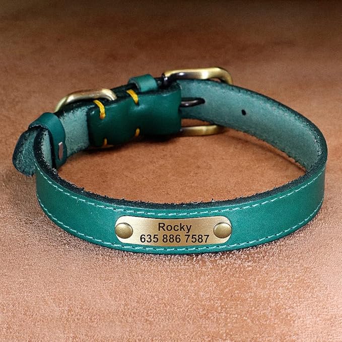 Personalized Leather Dog Collar Custom Dog Collars Leather Gold Buckle Pet ID Collar for Small Medium Large Dogs Dobermann Blue L