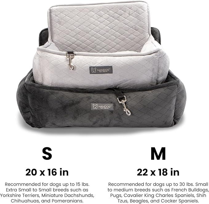 Nandog Pet Gear Luxury Dog Car Seat Bed w/Removable & Washable Pad Insert & Thick Car Seatbelt Straps - Secure, Comfortable, Easy-to-Clean Pet Carrier (Light Grey, 18" L x 16" W in)