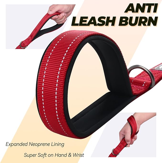 VIVAGLORY Twingrip Dog Leash, Double Handle Dog Leash for Training & Walking with Traffic Handle & 2 Loop, Traffic Control Reflective Heavy Duty for Puppy Pet, 5ft x 1in, Red