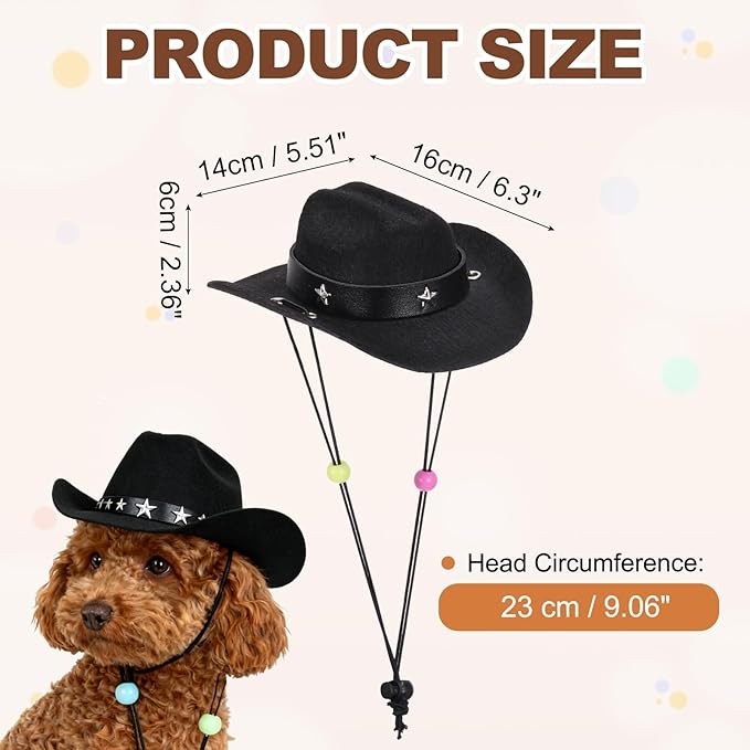 Dog Cowboy Hat, Mini Cowboy Hat for Pet with Chin Strap Adjustable Cosplay Cap Star Decor, (Black, M), Intended for Dogs and Cats/Halloween Costume/Party Decoration