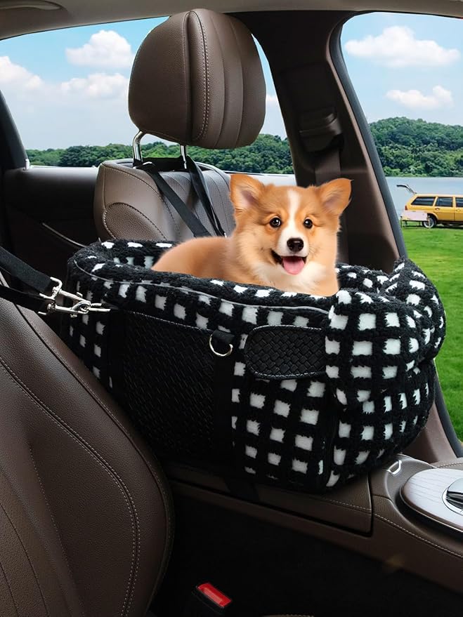Portable Dog & Cat Car Seat - Under 13 lbs, With Cozy Bow Neck Pillow (Grid-Black)